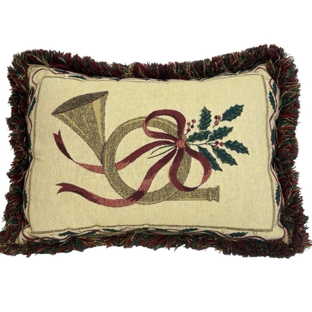 Riverdale Christmas French Horn Holly Berries Fringed Accent Pillow